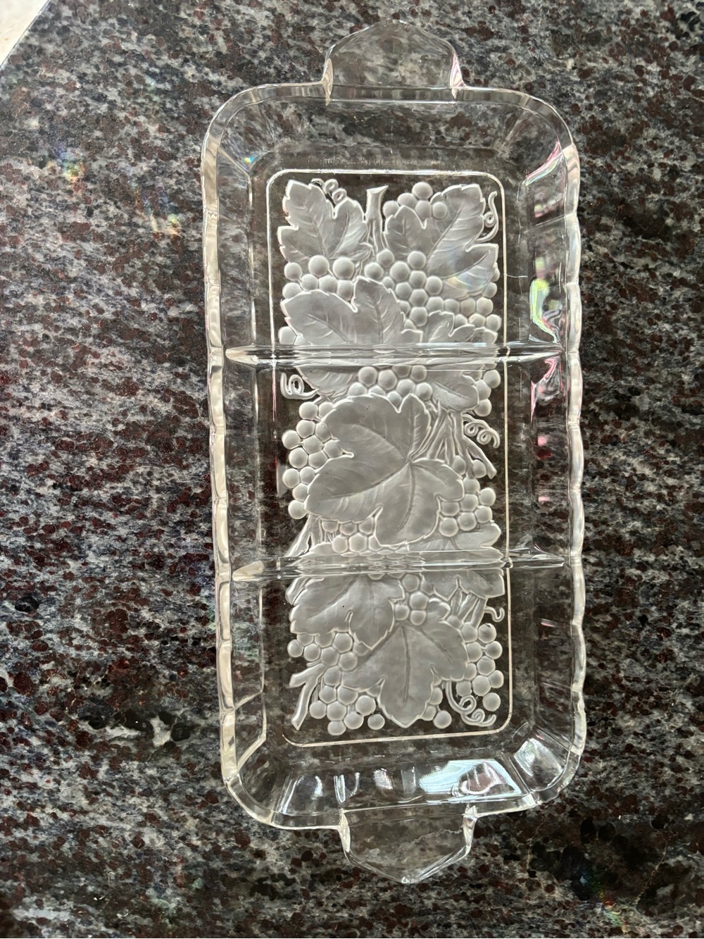 Clear Vintage Glass Divided Serving Dish with Frosted Grape Motif